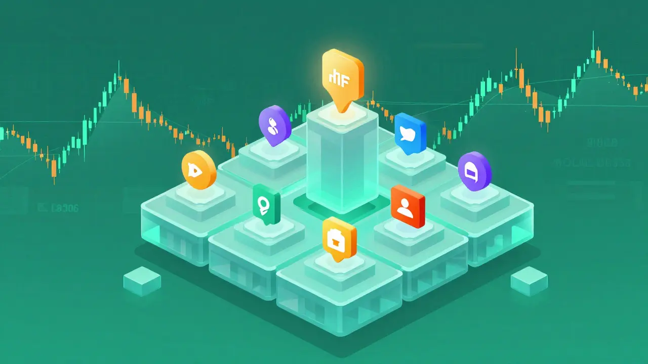 Colorful 3D icons standing on a translucent digital block foundation with data waves flowing in background
