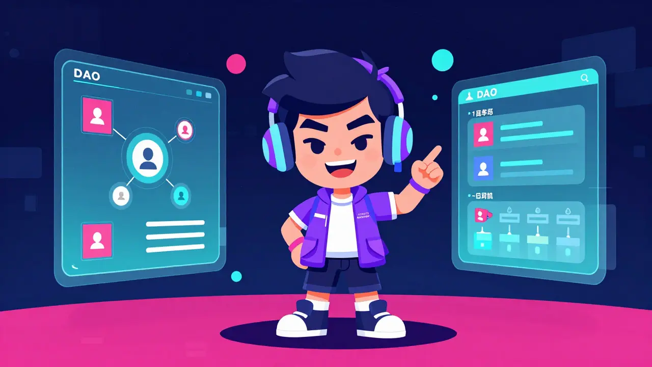 Digital avatar of a streamer with holographic DAO governance interfaces