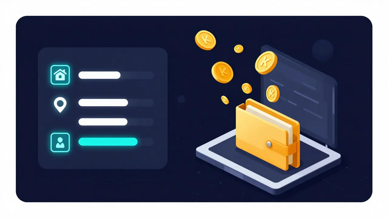 Digital dashboard showing golden KABY tokens being transferred from an exchange.