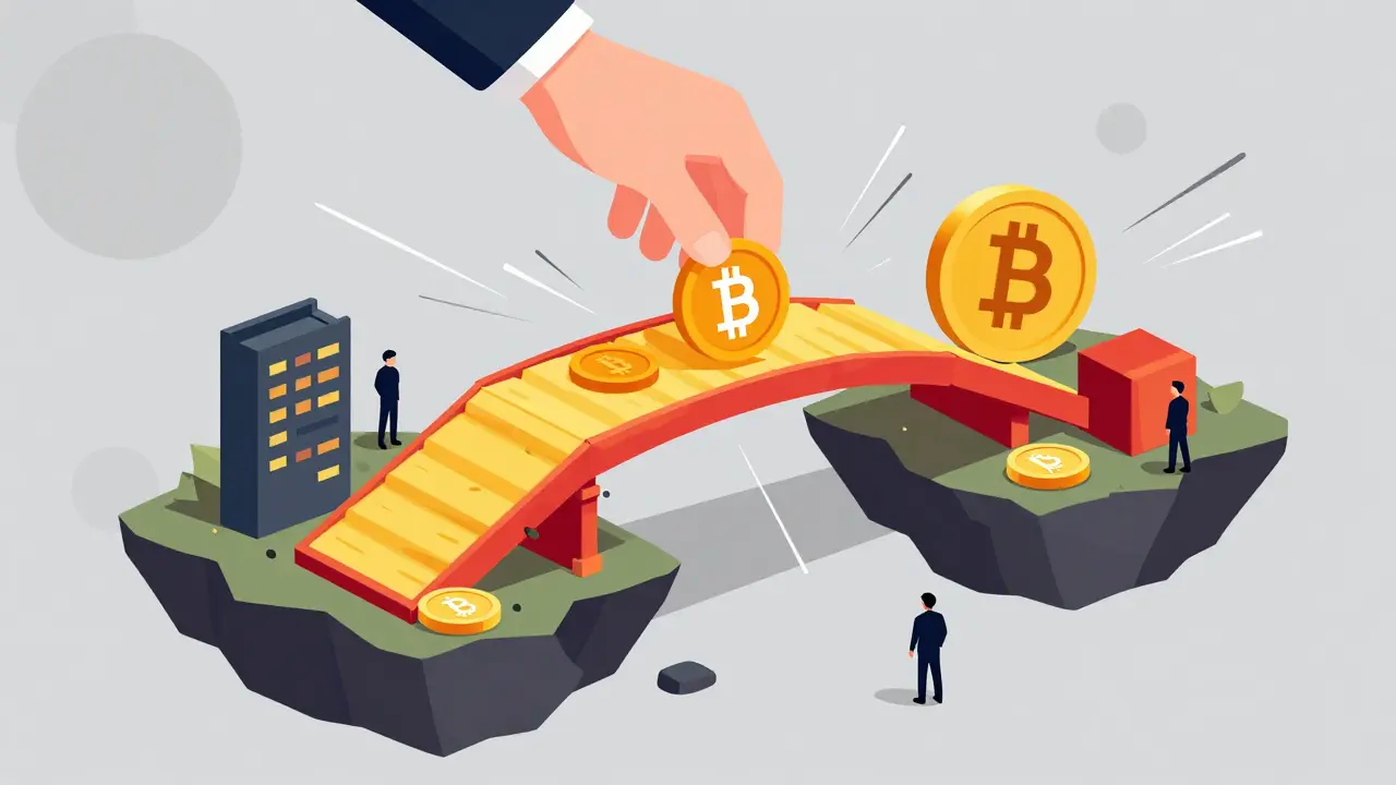 Digital illustration of a crypto rug pull with a bridge being pulled away from investors