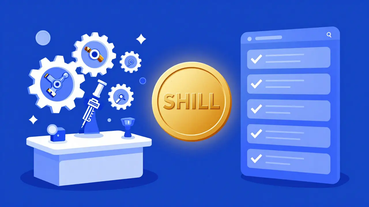 Digital marketplace and governance interface connected by a glowing token