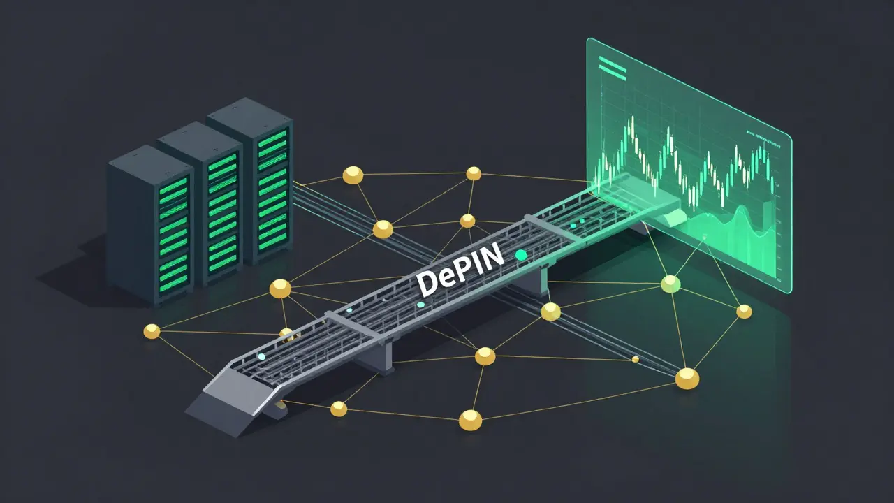 Digital network bridge connecting a server farm to a holographic financial chart.