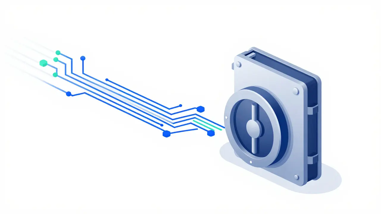 Digital tokens moving through a circuit path into a secure hardware wallet