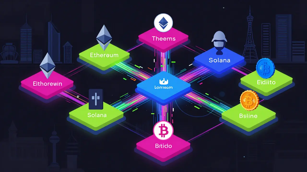 Isometric vector art showing neon data streams hopping between different blockchain platforms.