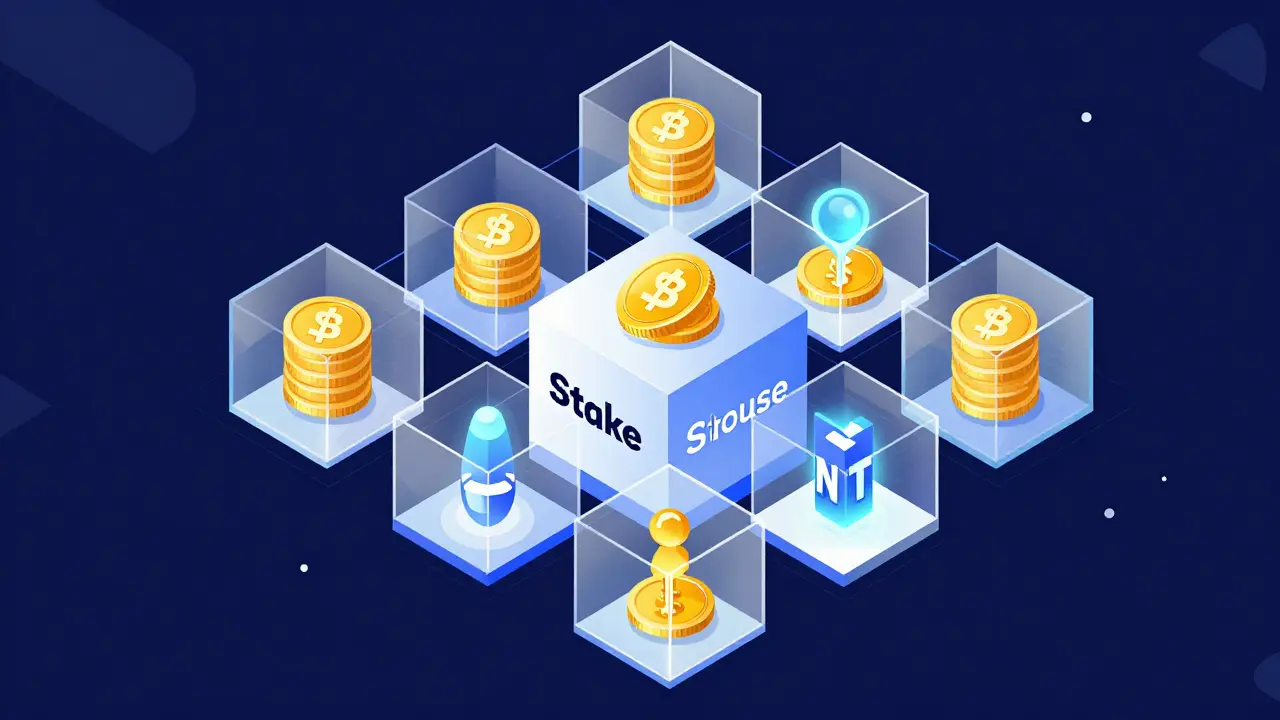 Isometric vector illustration of floating digital cubes and golden tokens representing a staking protocol.