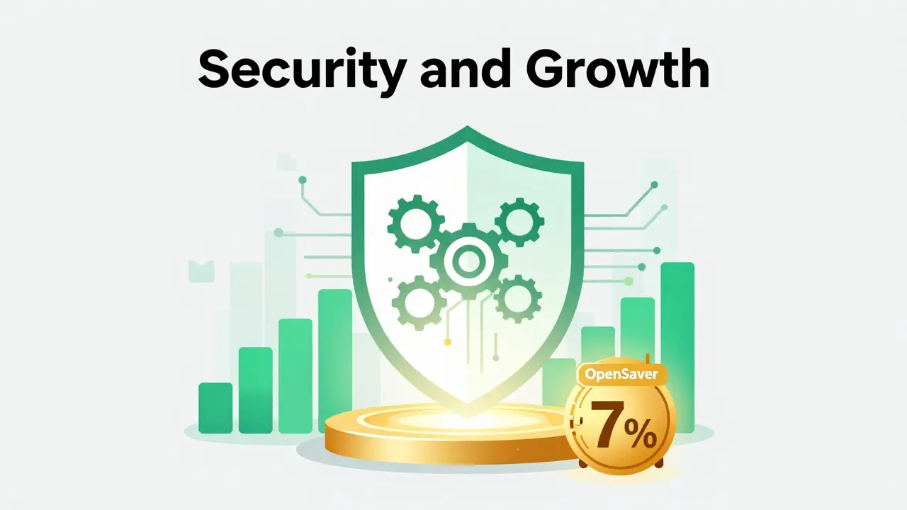 Modern vector art showing a security shield and a golden vault symbolizing safe DeFi yields.