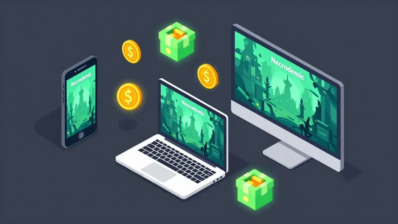 Multi-device gaming setup with floating crypto tokens and digital lootboxes