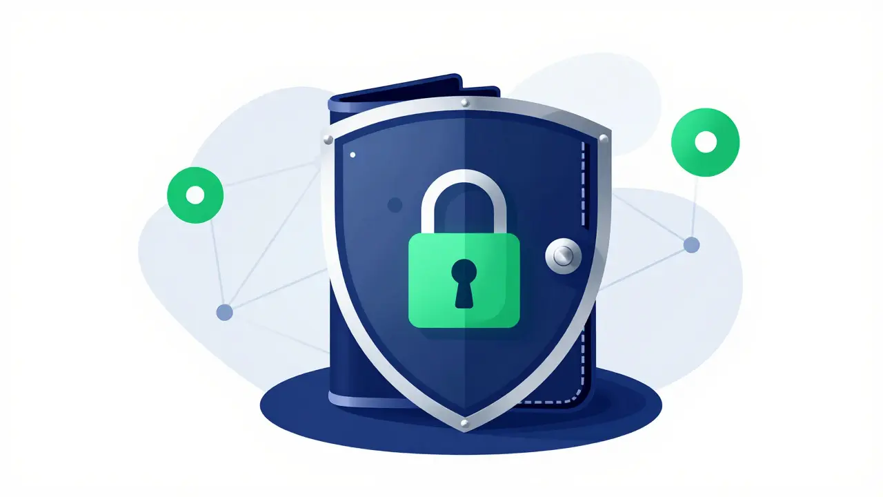 Secure hardware wallet protected by a holographic shield and digital padlock.