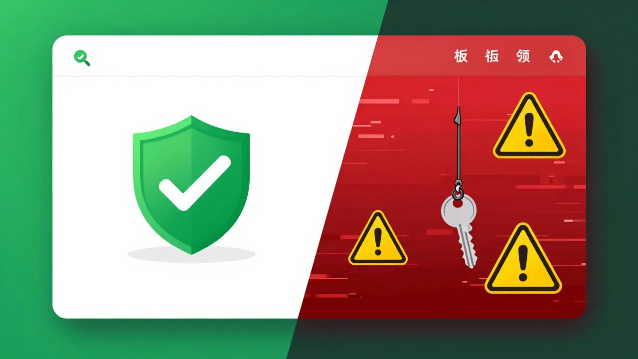 Split-screen vector art comparing a secure website and a phishing scam