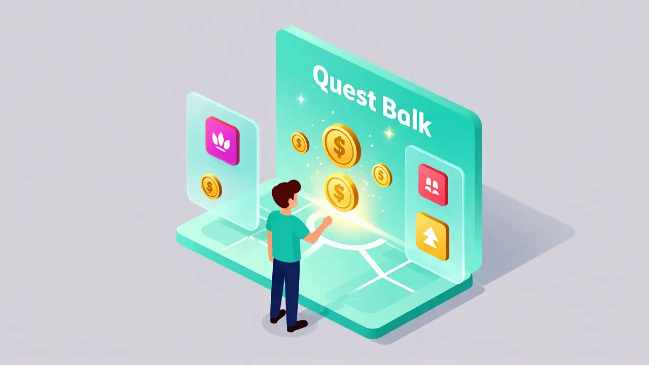 Stylized game character interacting with a holographic quest board for rewards