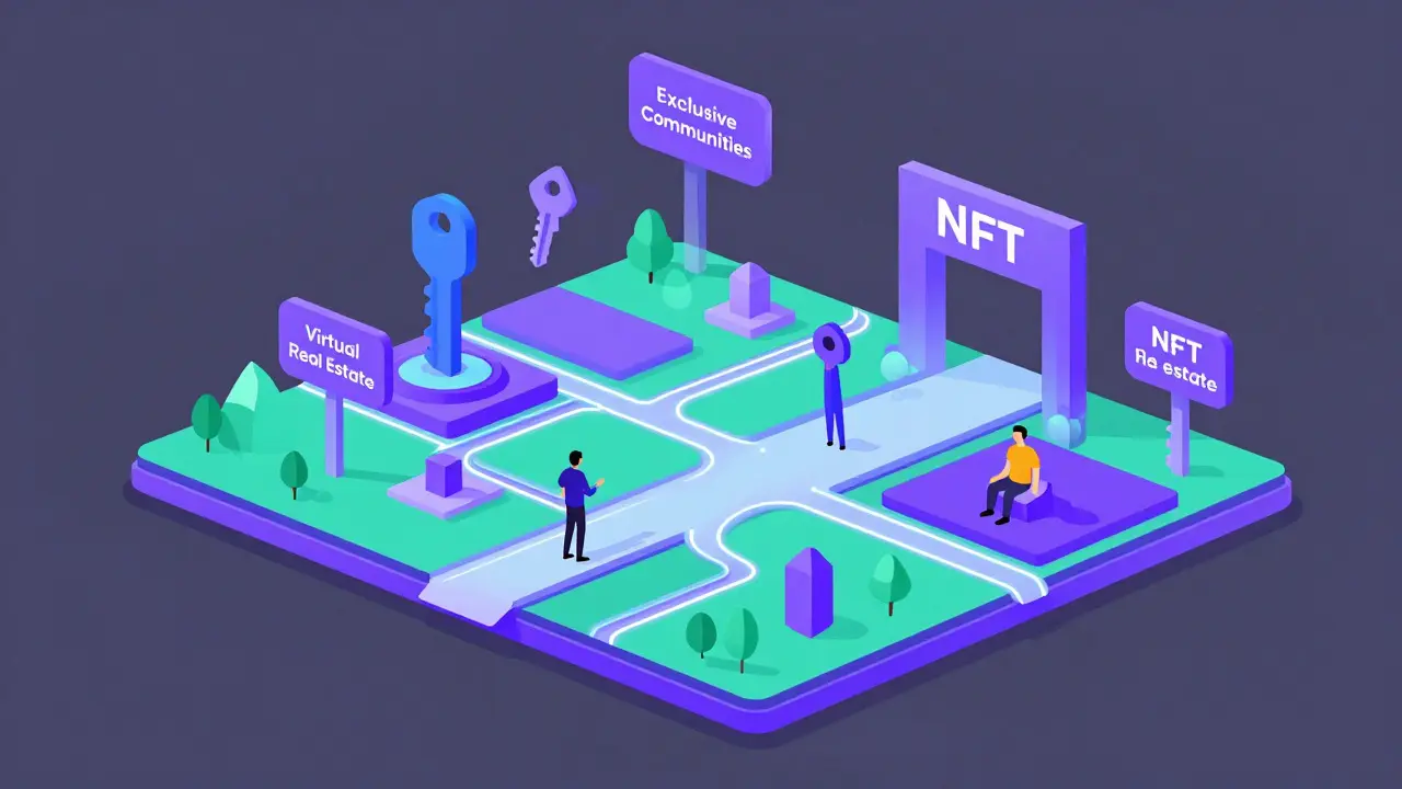 Stylized virtual landscape with neon pathways and floating keys representing NFT utility and access