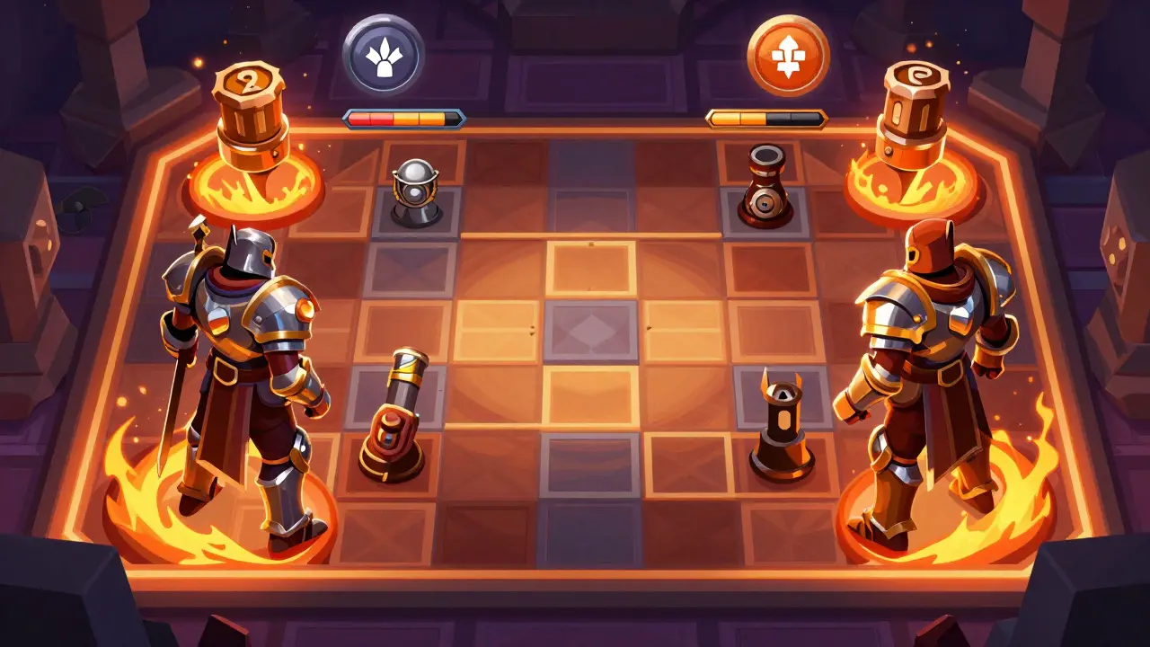 Two armored characters facing off in a tactical turn-based battle arena.