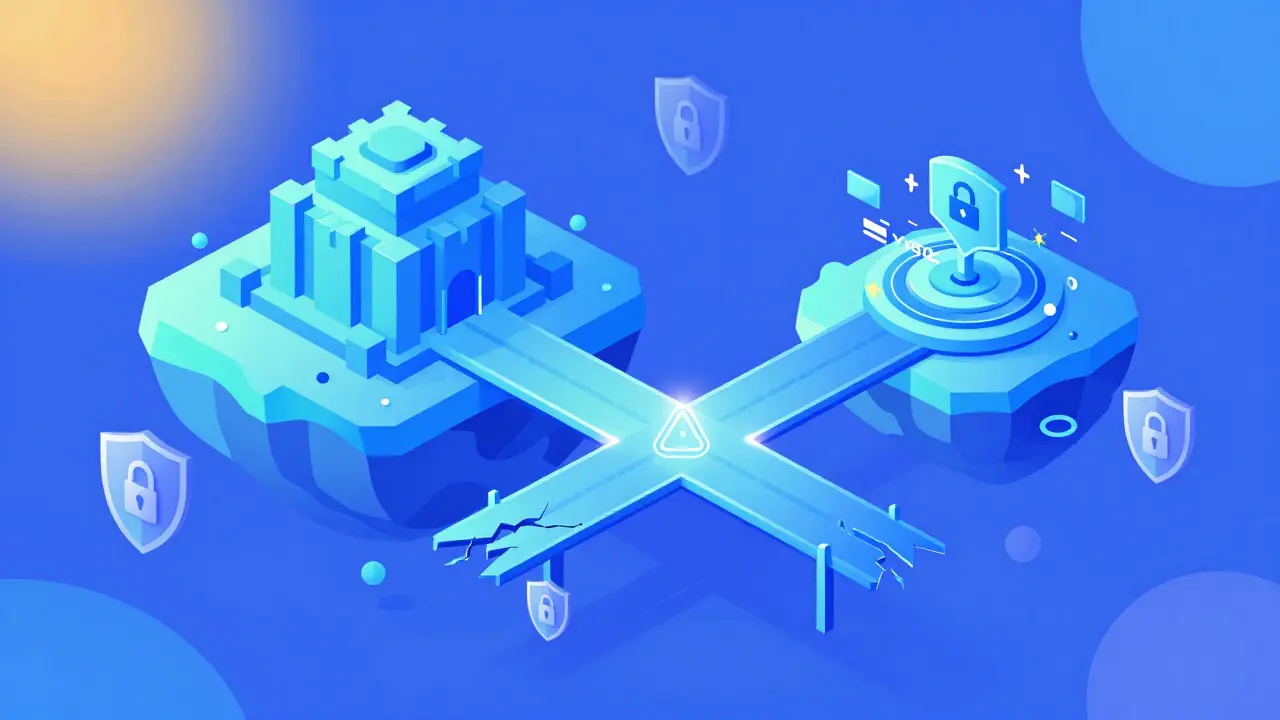 Vector art of a futuristic digital bridge connecting a secure main chain to a scaling layer.