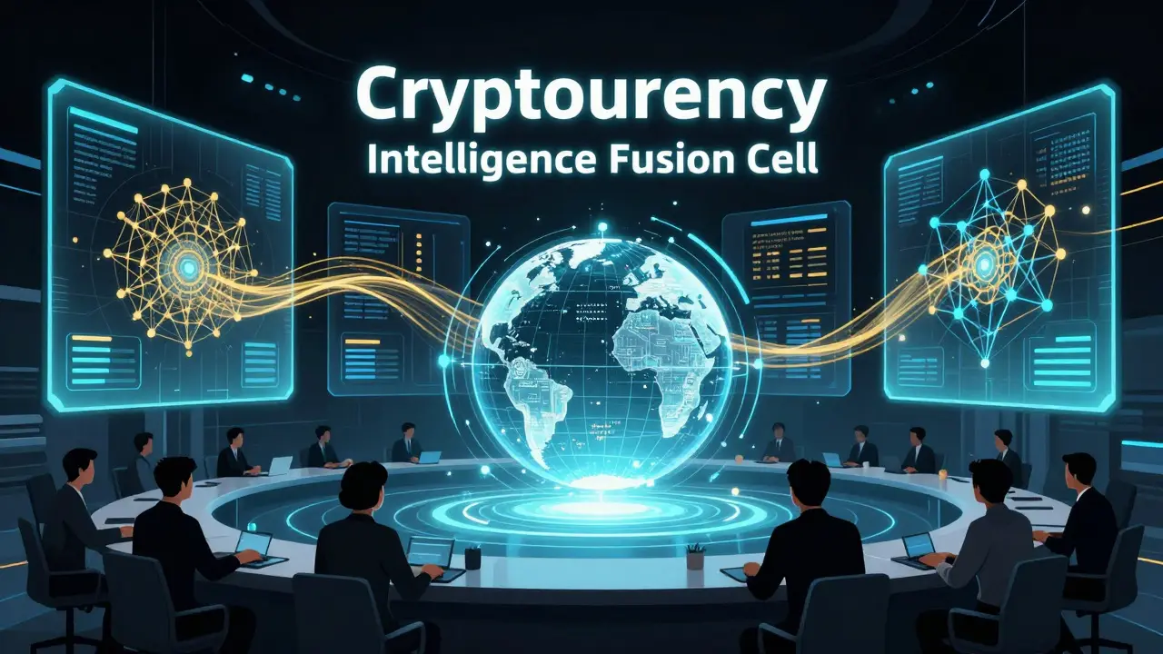 Vector art of a futuristic intelligence war room with holographic blockchain maps and analysts.