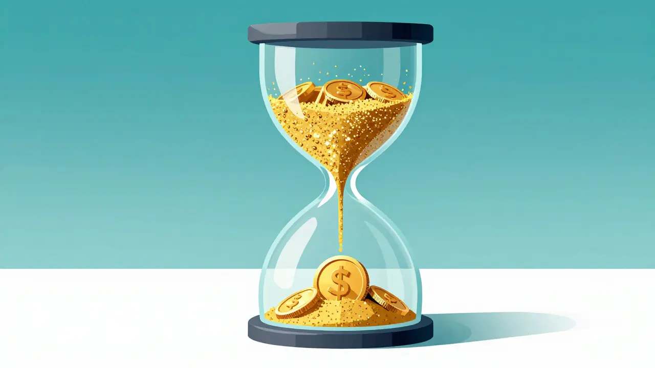 Vector art of a gold coin trapped in an hourglass filled with trillions of particles.