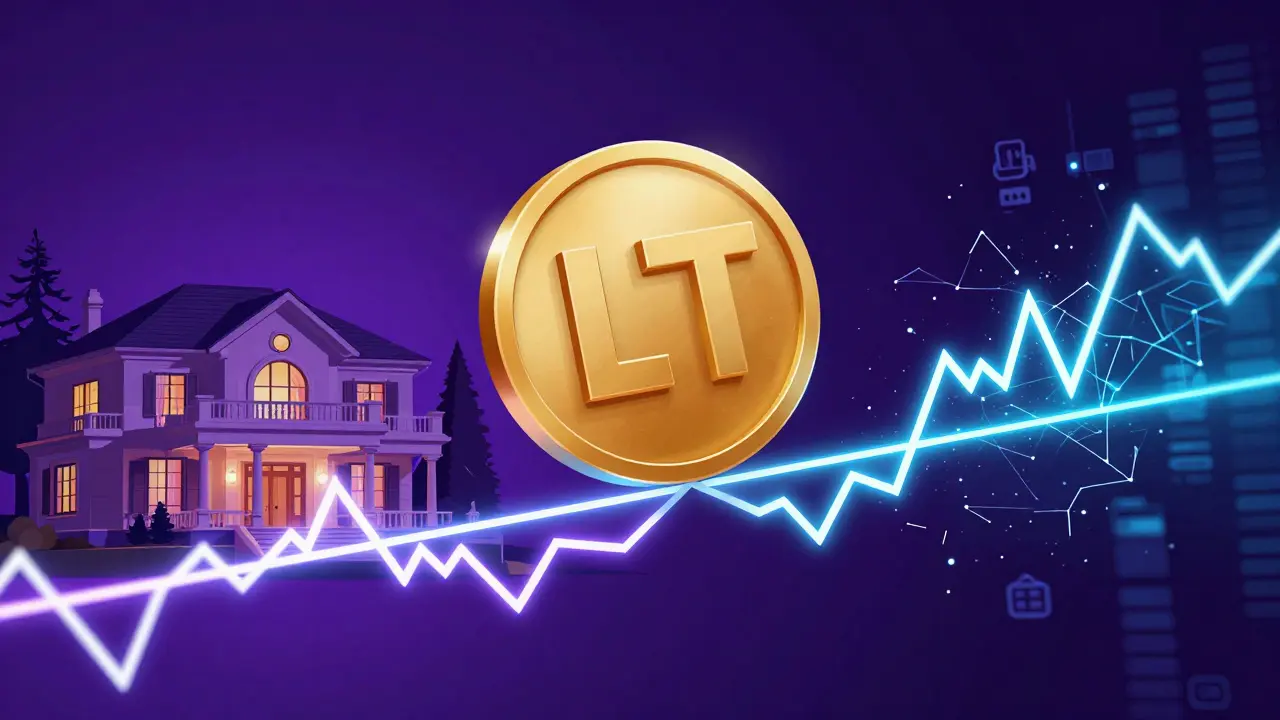 Vector art of a golden LTT token balancing on a fluctuating neon market graph.