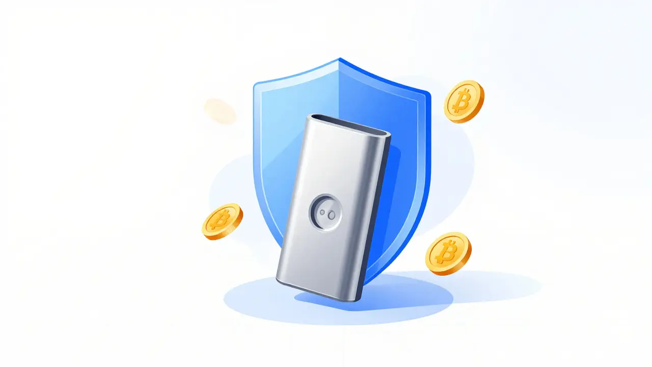 Vector art of a hardware wallet protected by a blue holographic security shield