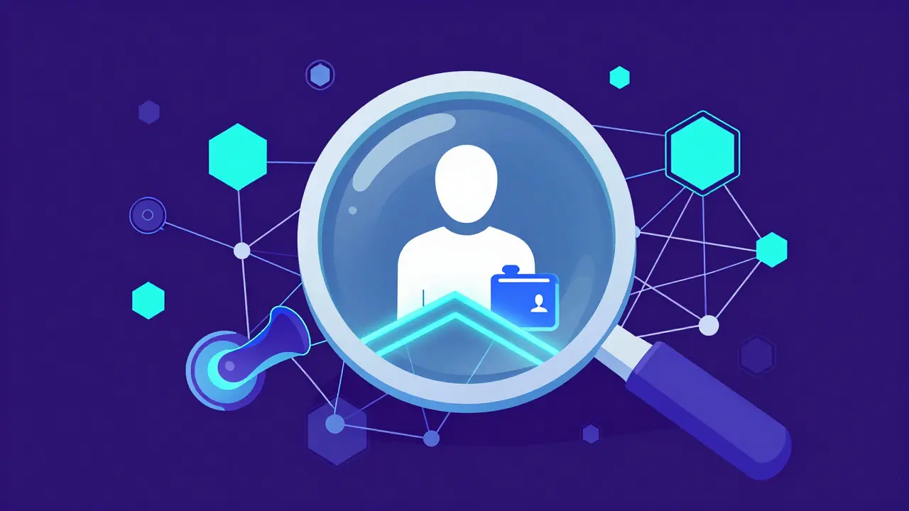 Vector art of a magnifying glass revealing a person's identity linked to a blockchain wallet.