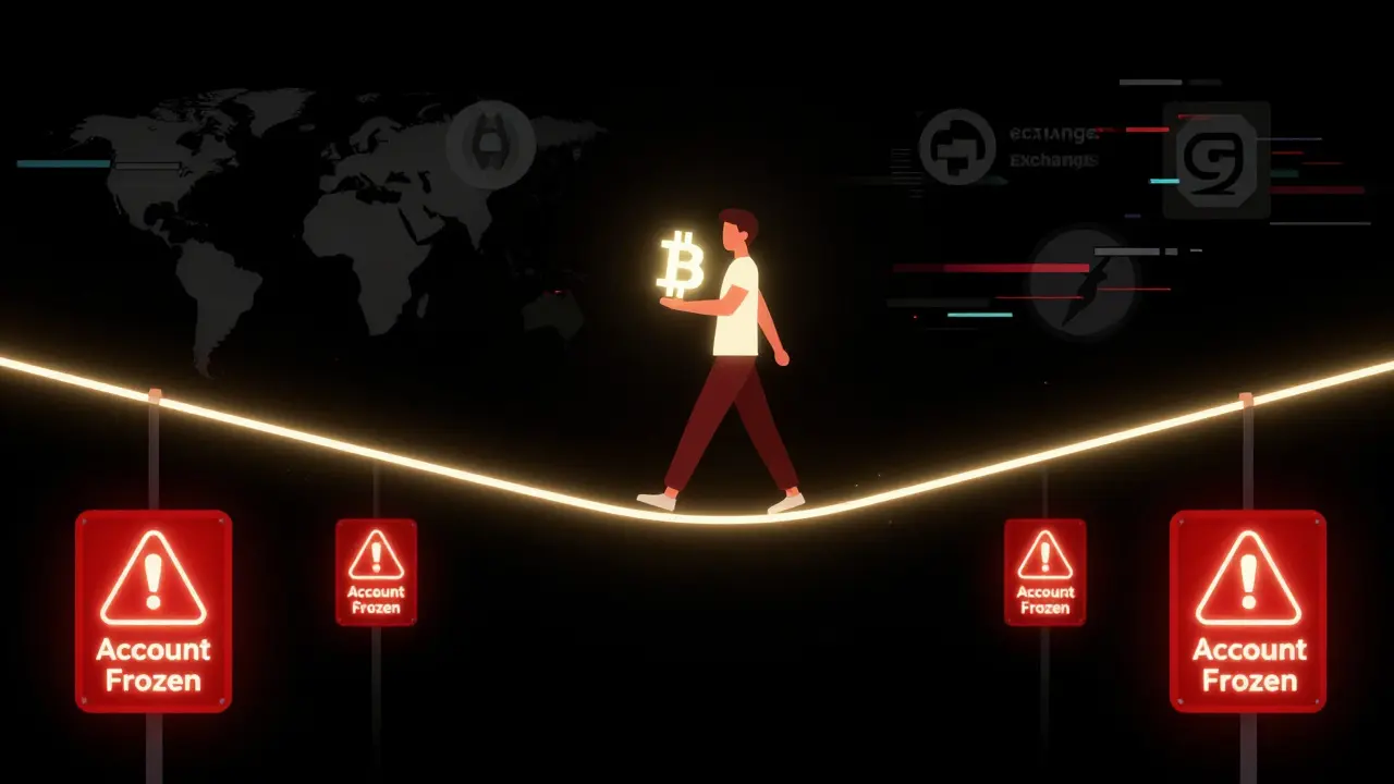 Vector art of a person balancing a Bitcoin on a neon tightrope above red account freeze warnings.