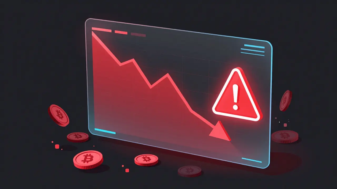 Vector art of a red plummeting graph and dissolving digital coins on a holographic screen.