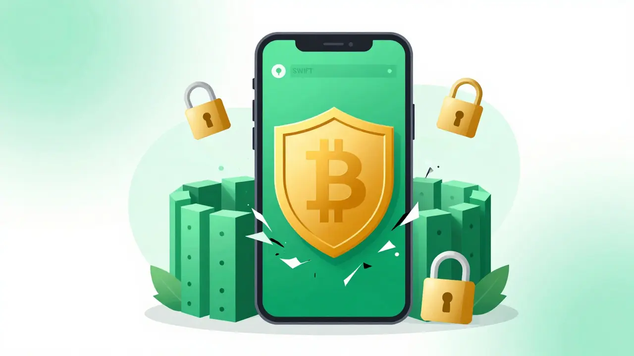 Vector art of a smartphone with a secure digital wallet and a gold shield protecting Bitcoin.
