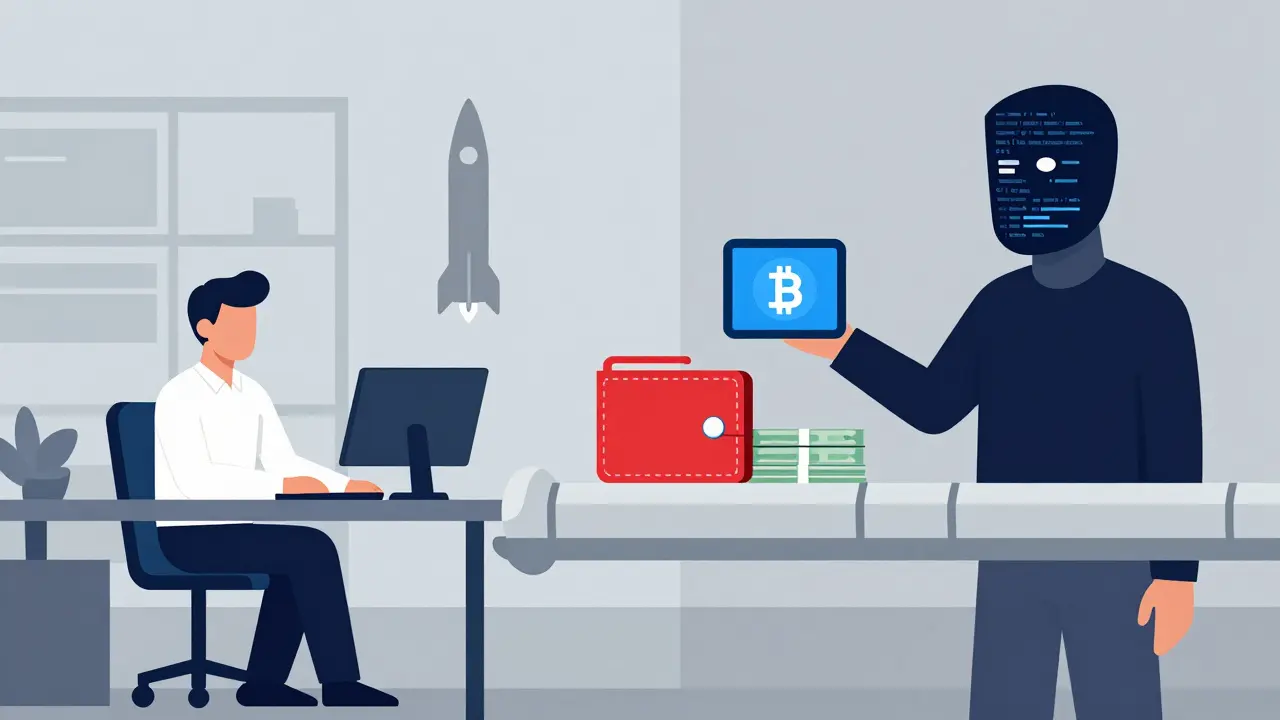 Vector art of an IT worker acting as a bridge between digital currency and physical cash.