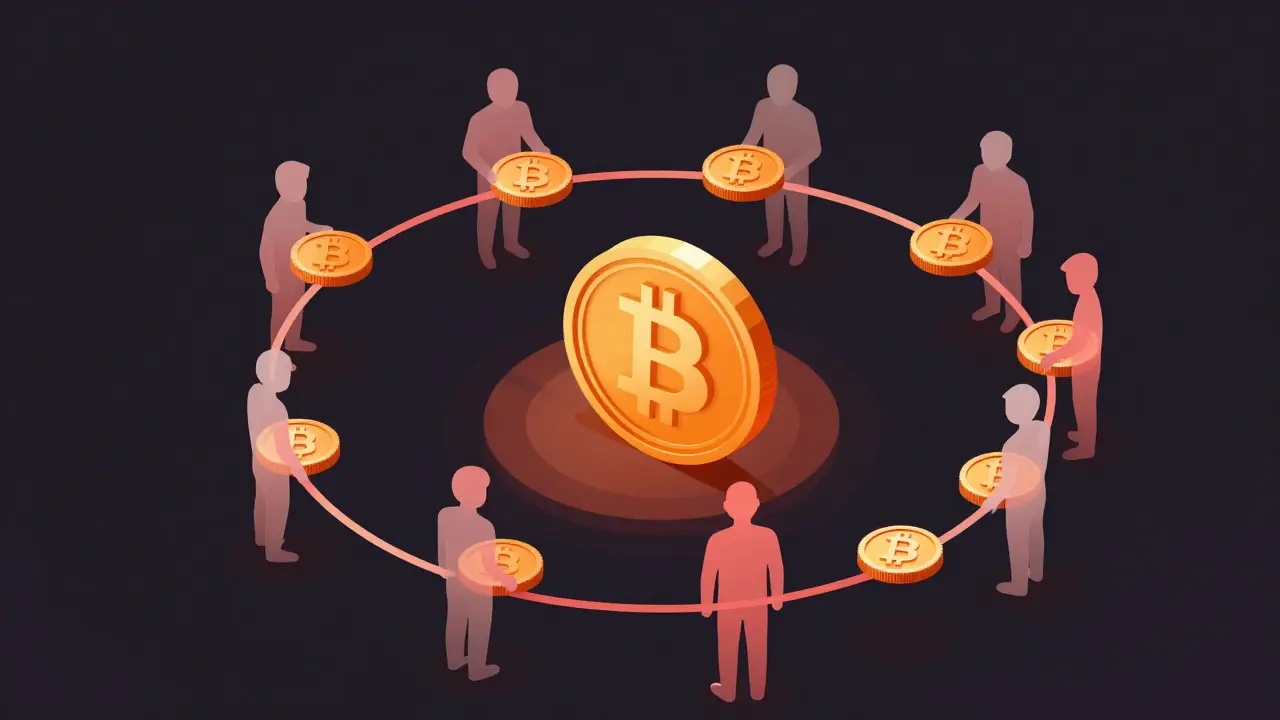 Vector art showing a circular loop of anonymous users engaged in wash trading of a coin.