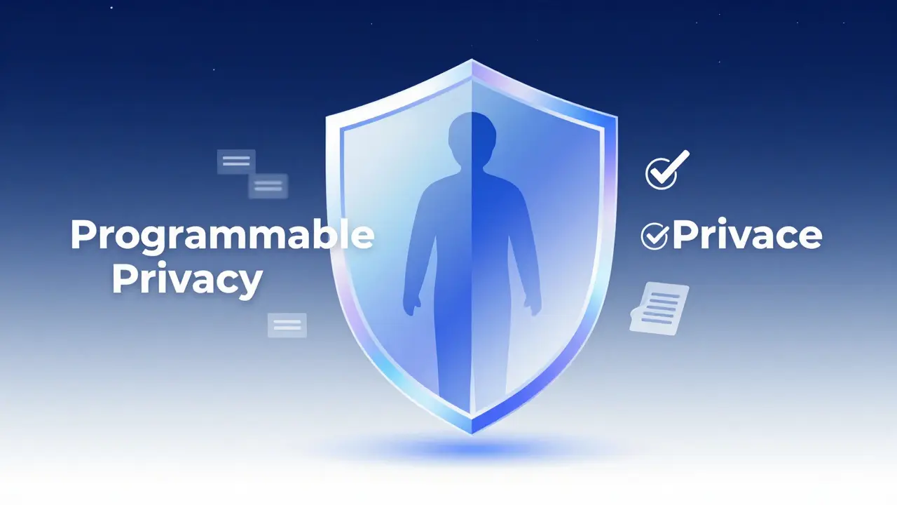 Vector art showing a stylized figure with a privacy shield and compliance symbols.