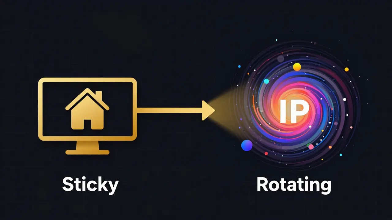 Vector illustration comparing a stable sticky proxy connection and a rotating proxy vortex.