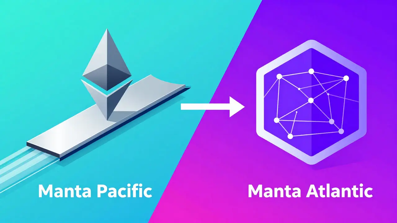 Vector illustration comparing Manta Pacific's Layer 2 and Manta Atlantic's Layer 1 structures.