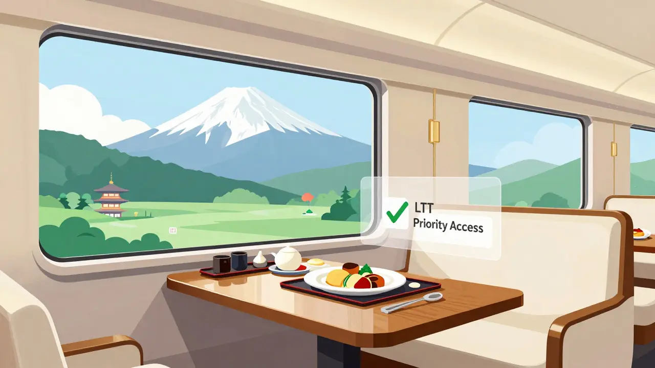 Vector illustration of a luxury train interior with a view of Mount Fuji and a digital access panel.