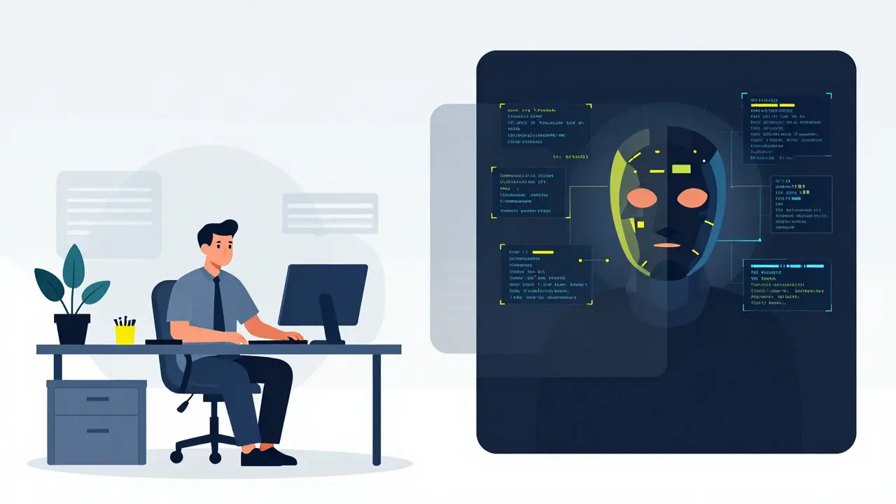 Vector illustration of a tech worker with a hidden digital mask representing a fake identity.