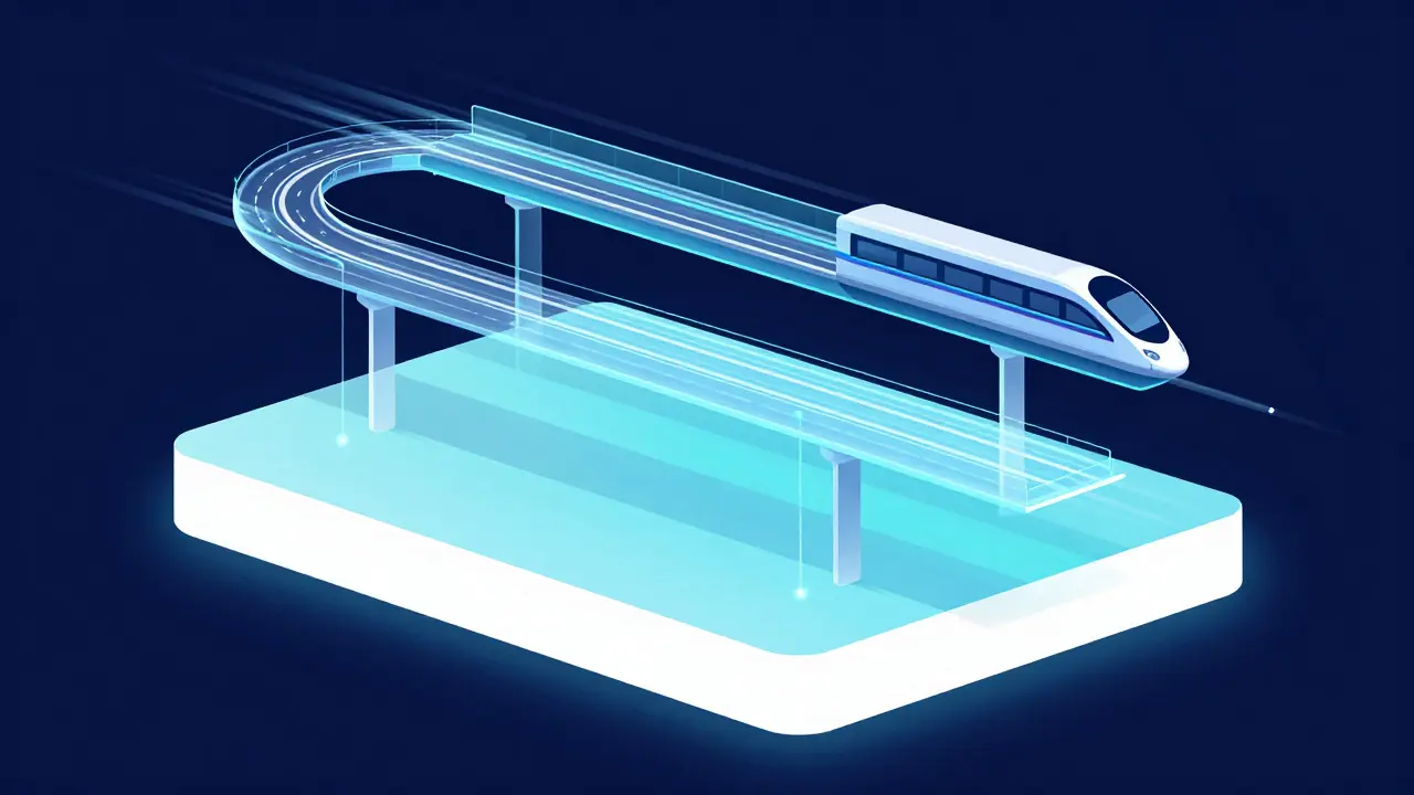 Vector illustration showing high-speed express lanes built above a solid base blockchain layer.