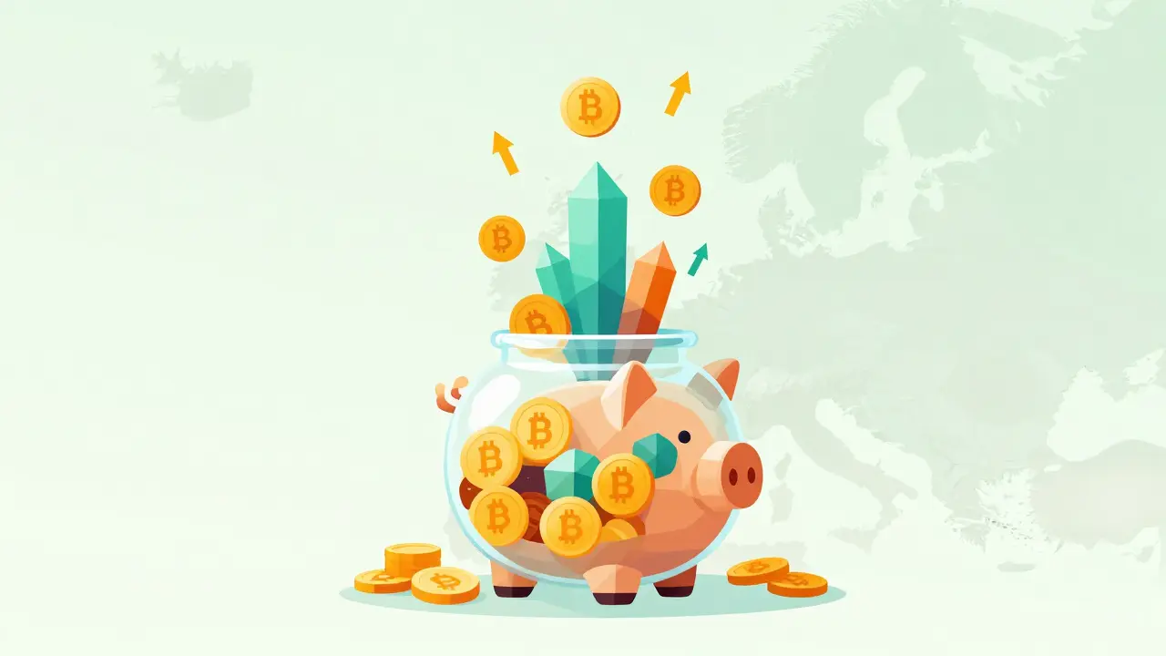Abstract vector art of growing crypto assets in a savings jar
