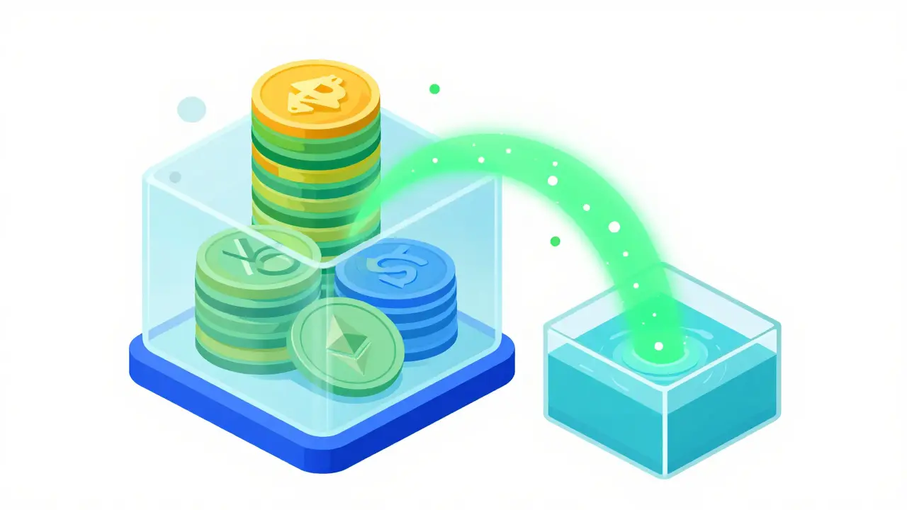 Abstract vector art showing crypto coins generating staking rewards in a vault