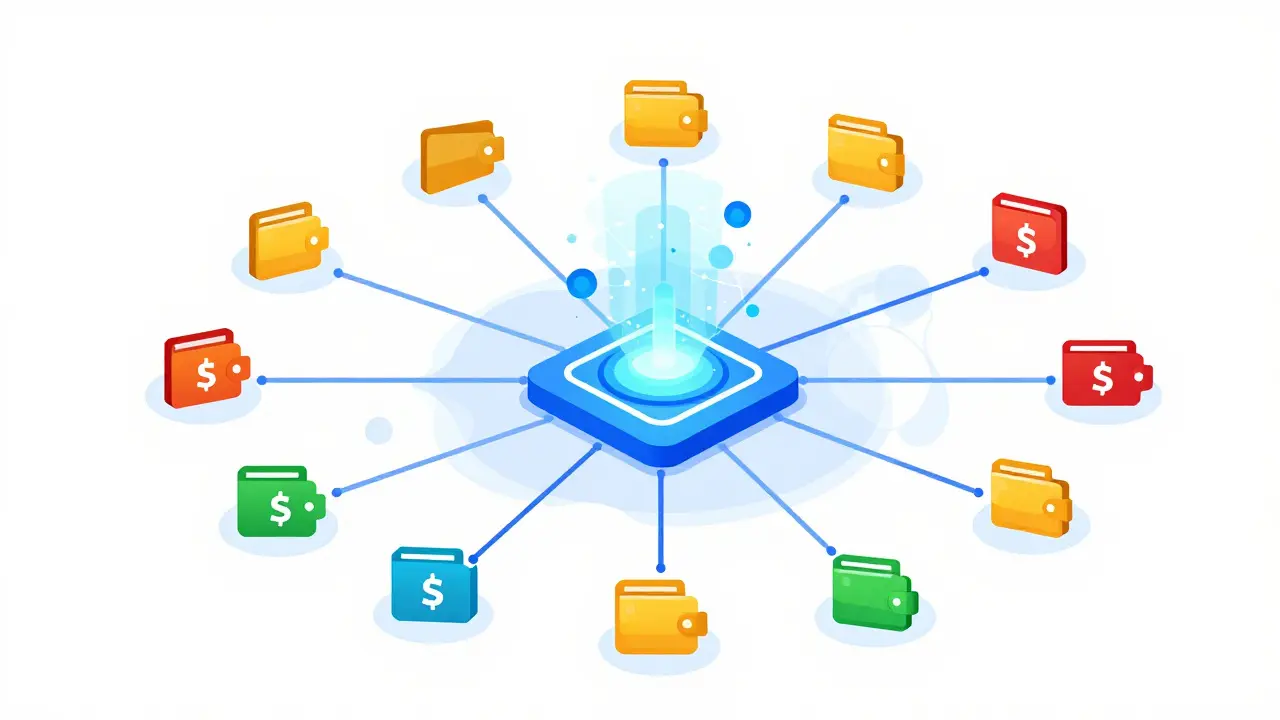 Abstract vector illustration of algorithmic transaction monitoring and risk flags.