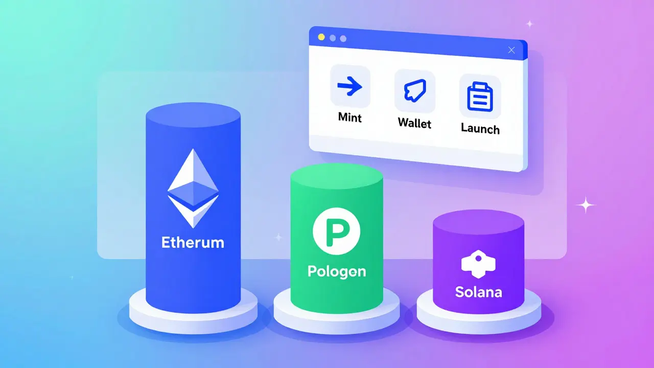 Abstract vector pillars representing Ethereum, Polygon, and Solana blockchains
