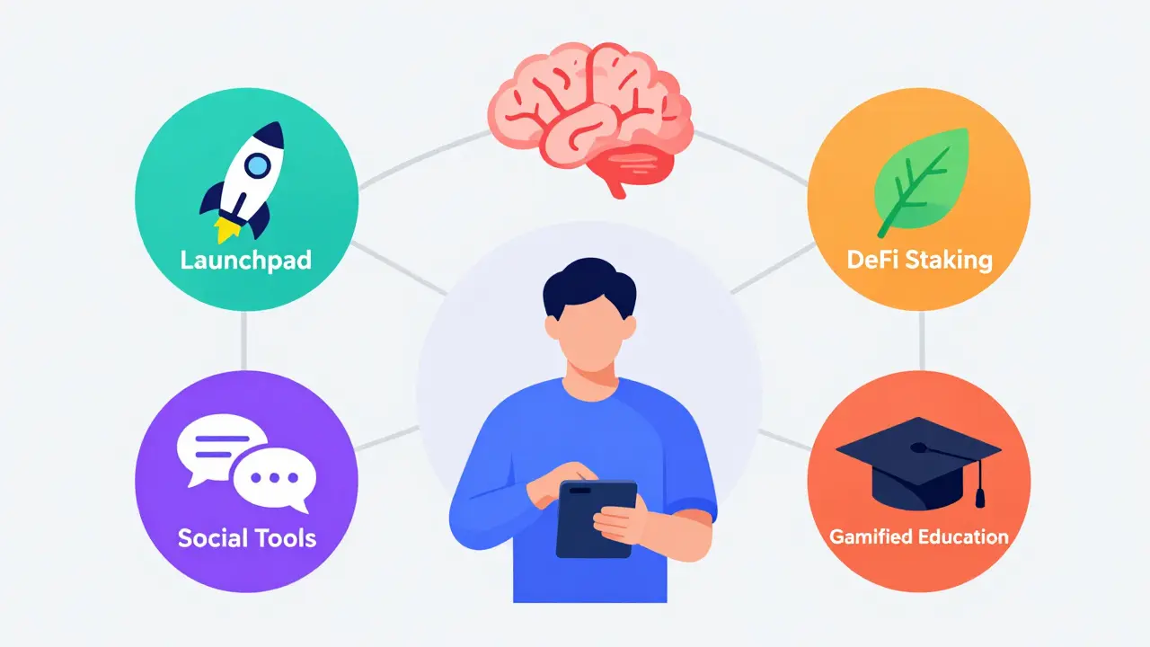Flat design icons showing NOTAI features like staking, launchpad, and education