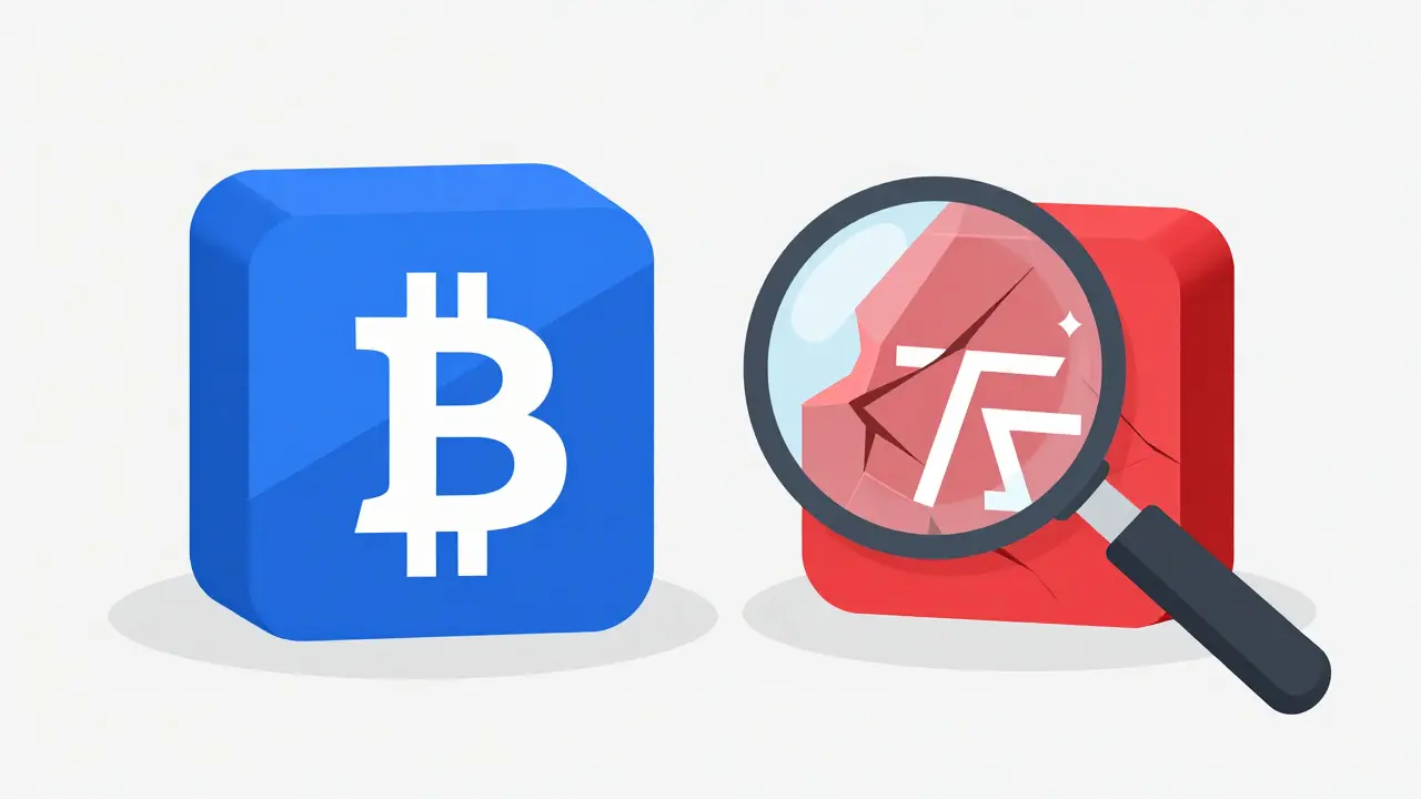 Flat vector illustration comparing a solid blue Bitcoin block to a crumbling red fake token.