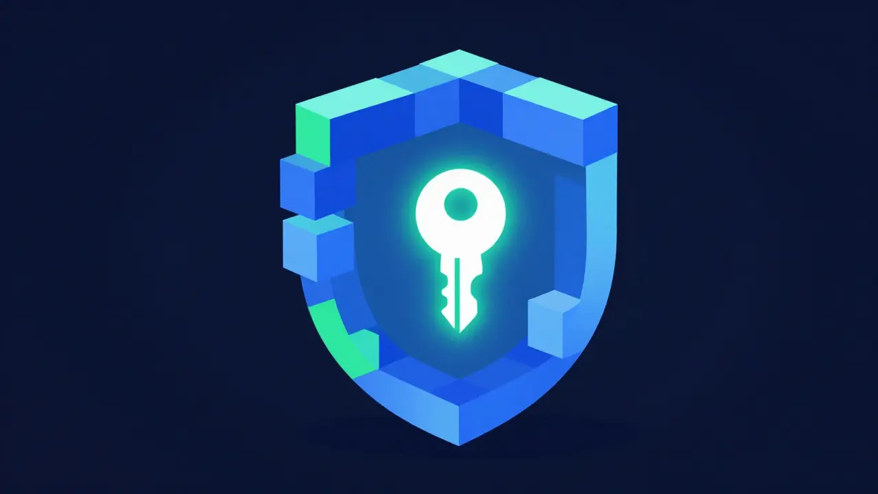 Geometric shield protecting a glowing key in vector style