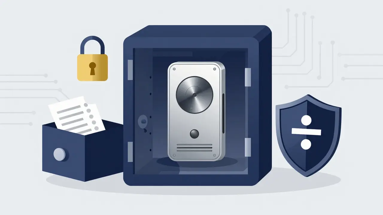 Hardware wallet secured in a digital vault illustration