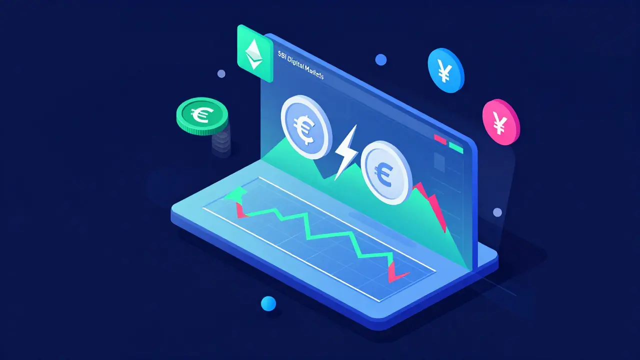Isometric vector dashboard showing fast crypto-to-fiat conversion between Euro and Yen