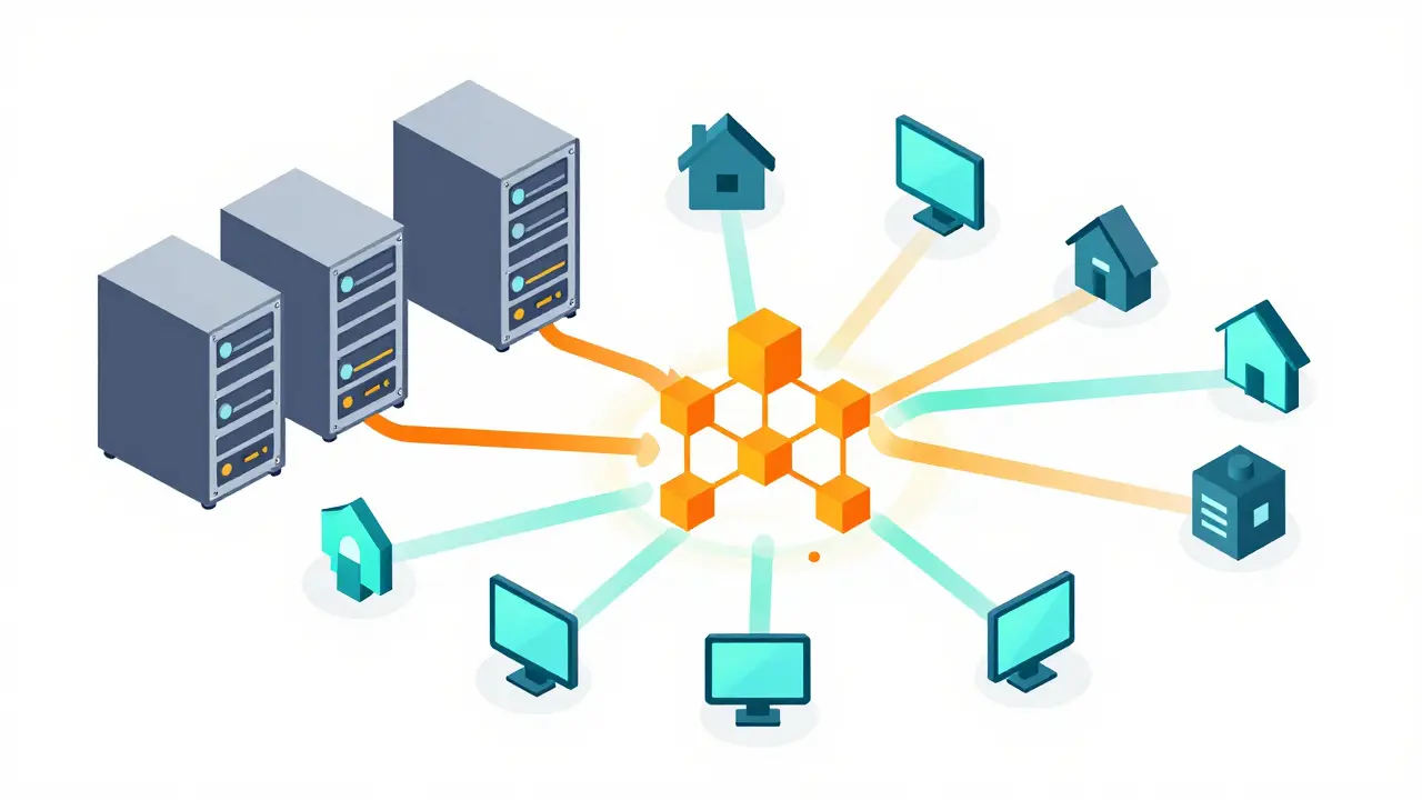 Isometric vector illustration of professional servers linking with home computers in a hybrid network.