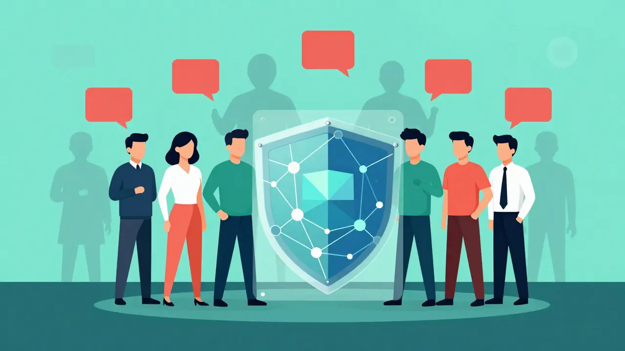 Modern vector art of people protected by a digital shield against shadowy threats in a crypto context