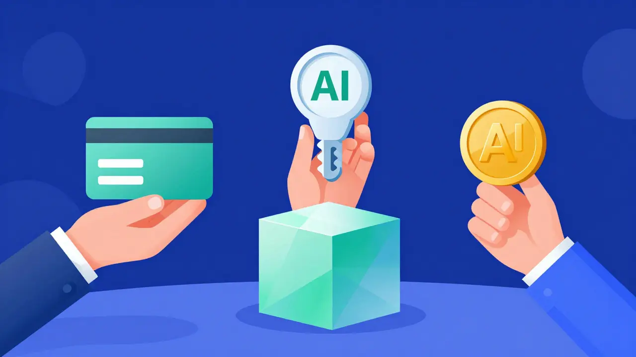 Modern vector graphic showing three methods of monetizing AI agents via smart contracts.