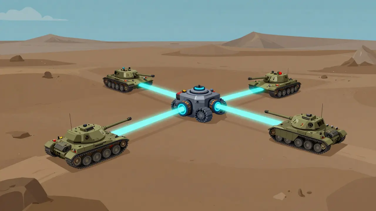 Modular tanks assembling in a sci-fi vector landscape