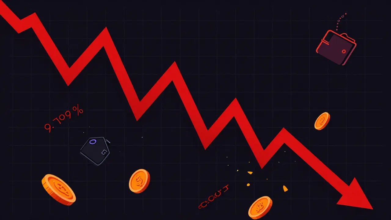 Red chart line crashing down with shattering coins