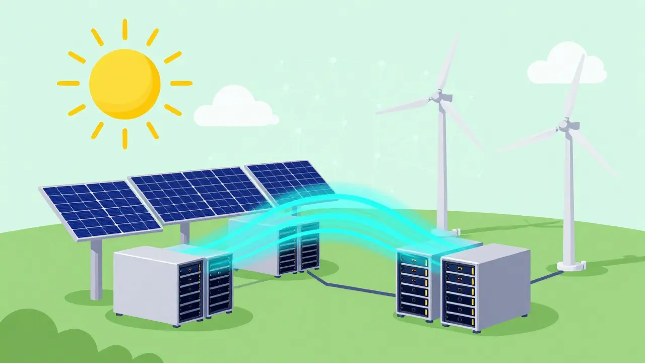Renewable energy sources powering modern data centers with AI integration in vector style.