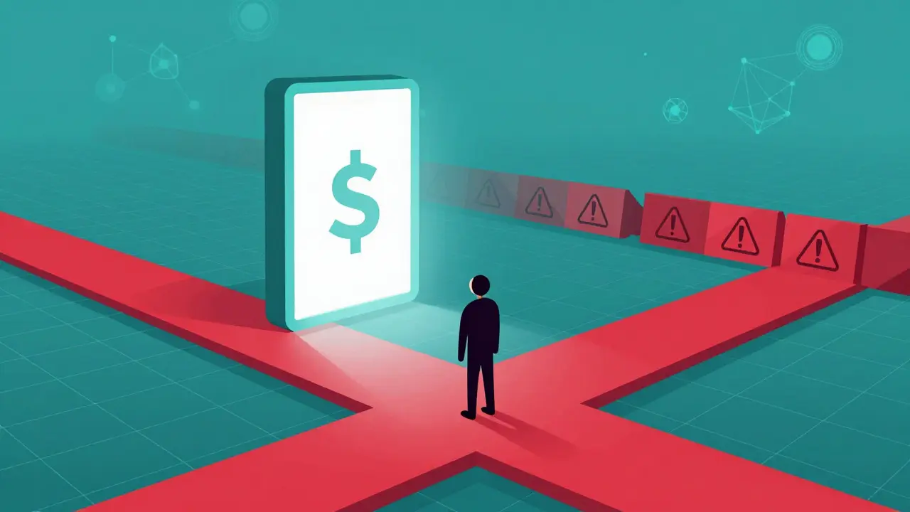 Stylized vector illustration of a person choosing between risk and reward