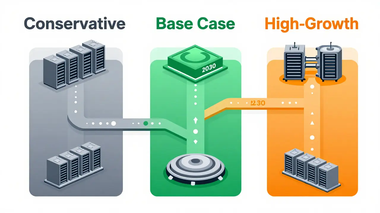 Three colored pathways representing different Bitcoin hash rate growth scenarios through 2030.